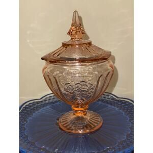 Vintage Anchor Hocking Pink Depression Glass Mayfair Open Rose Candy Dish